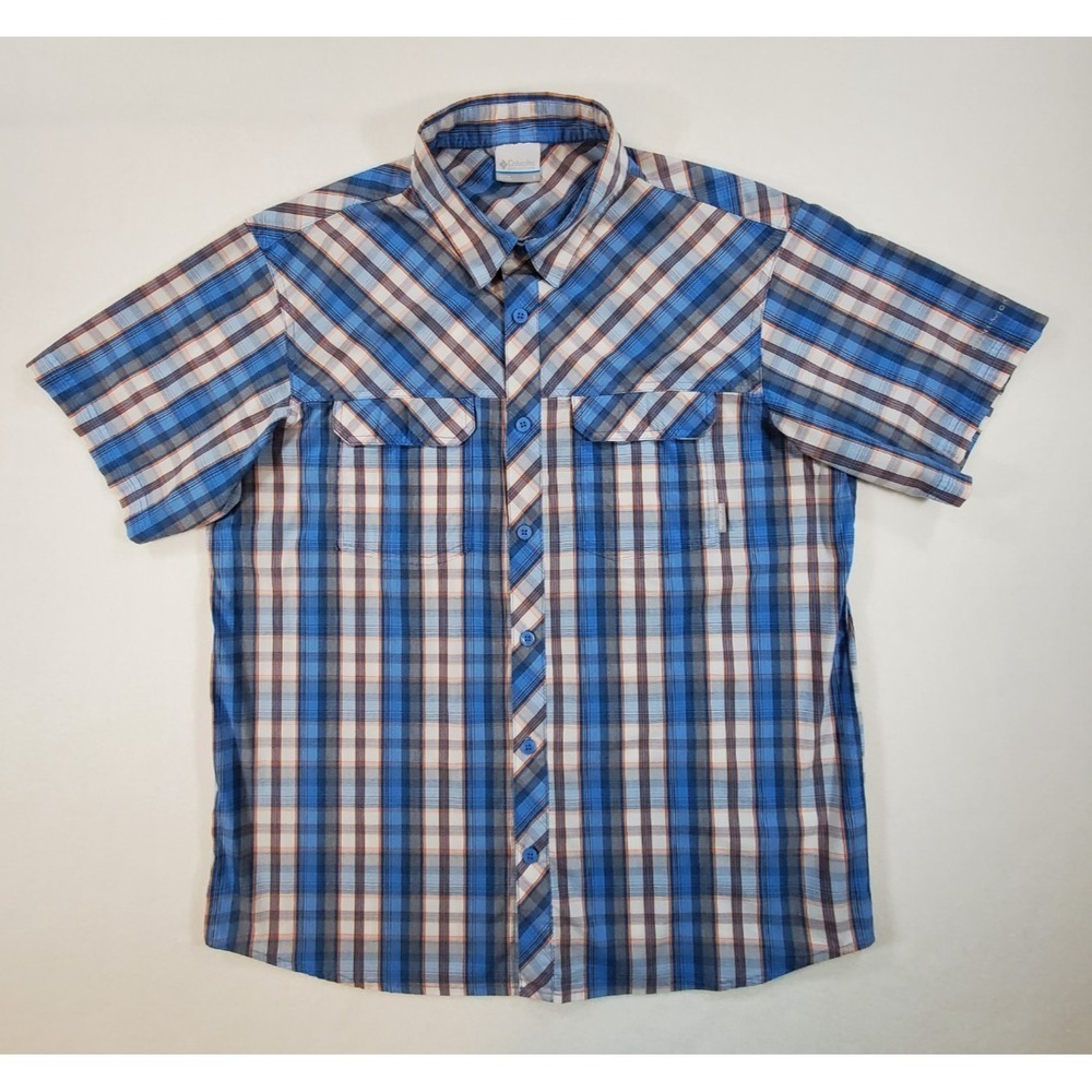 Columbia Men's L Short Sleeve‎ Plaid Button Down Shirt Blue Orange